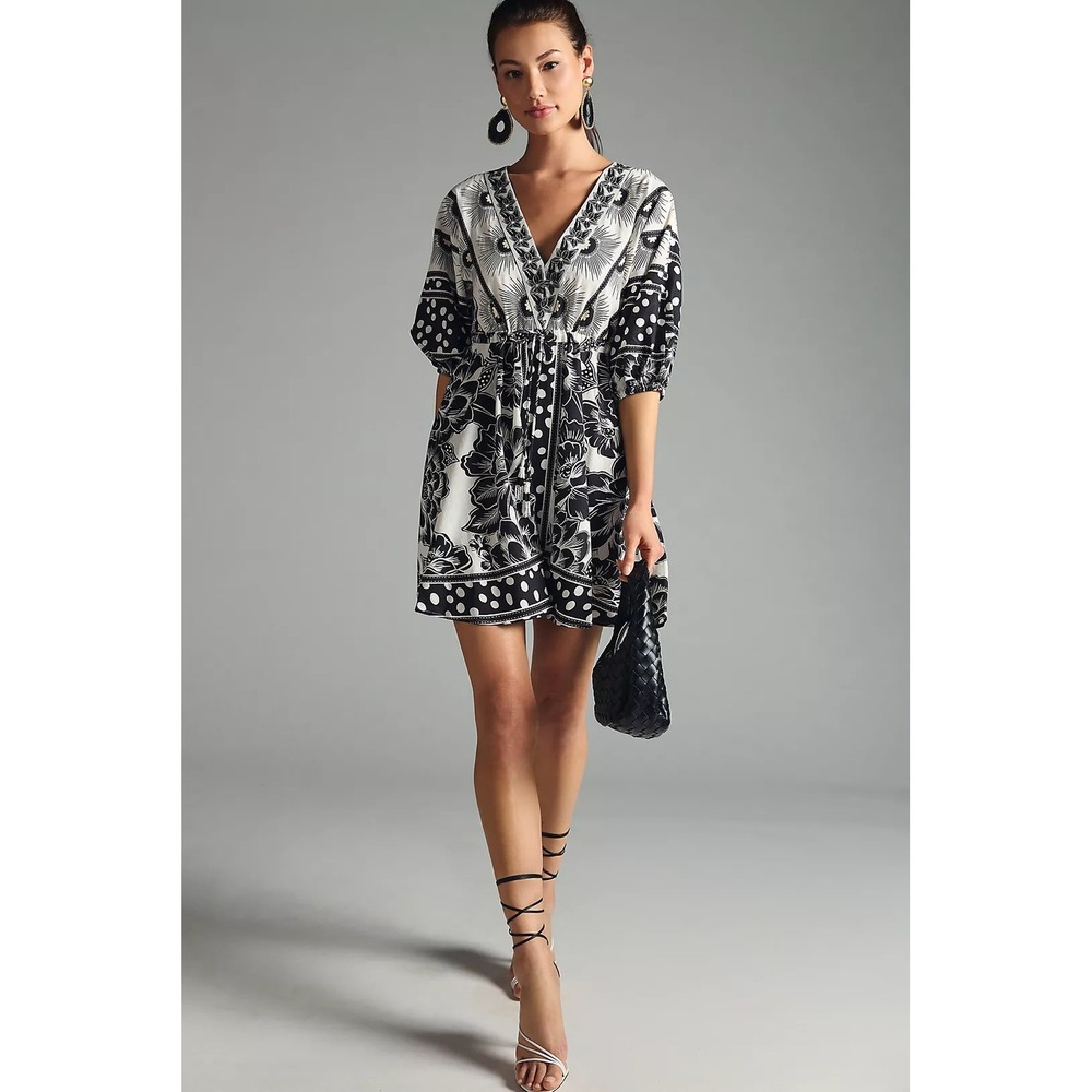 Farm Rio Womens Bohemian Floral Puff Sleeve Linen Mini Dress Size S Coastal Chic